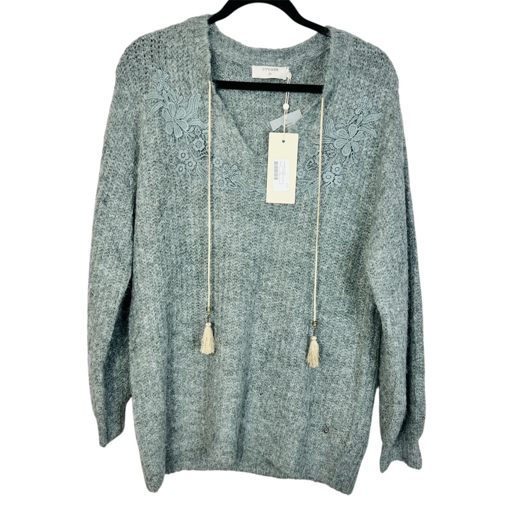 Cream grey Embroidered Knit Pullover Sweater – Oversized Size S